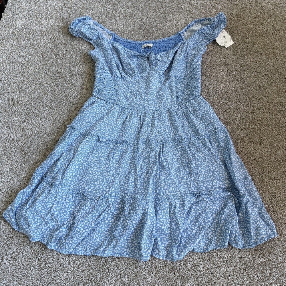 Hollister Dress Womens Medium Blue Floral Off Shoulder Sleeve Sundress Pockets